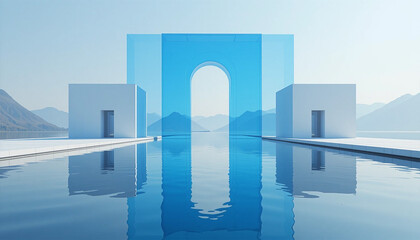 Serene Minimalist Architecture  Blue Glass Archway  Pool  Mountain View