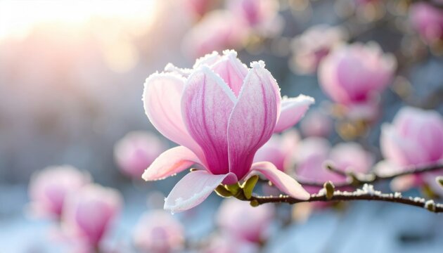 Close-up of a pink magnolia flower with frost, illuminated by morning sunlight, showcasing the delicate beauty of nature.
