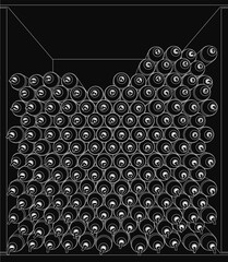 A black and white vector illustration of a shelf outline filled with stacked white candles on a dark background. The minimalist design features clean lines and symmetrical arrangement, creating an.