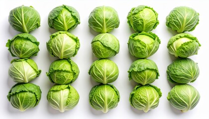 Top view of fresh green cabbage heads neatly arranged in rows on a white background, ideal for healthy eating and organic food themes.