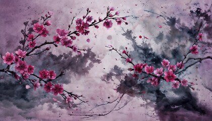 Cherry Blossom Branches With Ethereal Pink Flowers And Misty Background