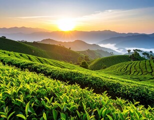 Sunrise over a lush tea plantation