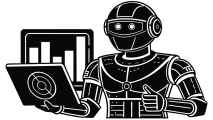 Robot analyzing data on a laptop with chart behind and giving a thumbs up in black and white style