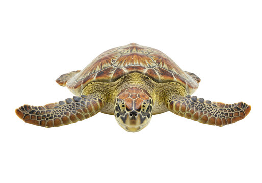 A sea turtle viewed from the front, with its detailed shell pattern and flippers visible, isolated on white isolated on transparent background