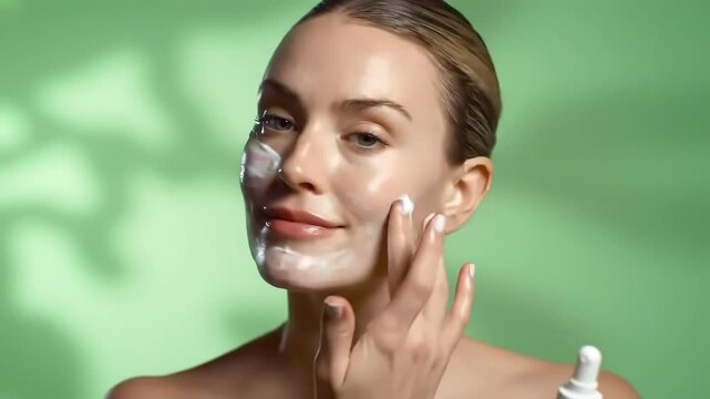 A young woman with a radiant complexion applies white cream to her face with her fingers promoting healthy skin and beauty