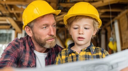 Father and son study blueprints