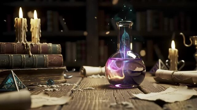 Mysterious alchemist s laboratory with glowing potion ancient books burning candles scrolls and a geometric artifact on a wooden table