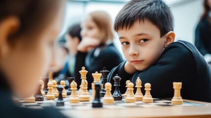 Boy Contemplating Chess Move During Tournament with Intense Focus and Strategic Thinking
