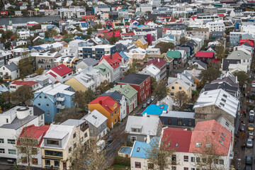 High angle view of downtown Reykjav&iacute;k in Iceland, featuring colourful ironclad houses