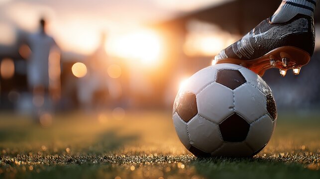 A close-up shot shows a soccer ball with a player's foot on it, set on a grassy field during a game with sunlight in the background.