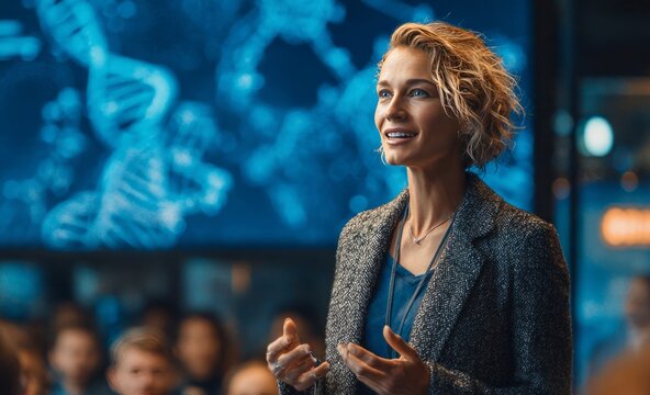 Scientist presenting new research about genetics and dna to audience