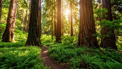 Obraz premium Sunlight streams through ancient trees, illuminating a forest path
