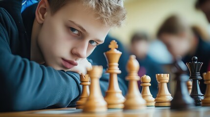 Intense gaze of a young chess player contemplating strategy over wooden pieces