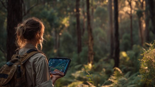 Female ranger monitoring forest growth using digital tablet in sunset woods - Powered by Adobe