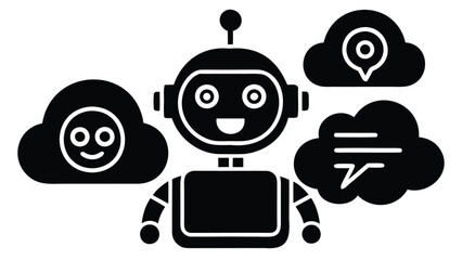 Illustration of a robot with antenna, surrounded by three clouds with different icons and shapes