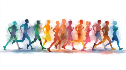 A vibrant image showing colorful silhouettes of people running together, representing a lively and energetic group activity.