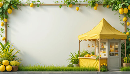 Cheerful yellow lemonade stall surrounded by lush greenery and lemon decorations, inviting atmosphere, copy space