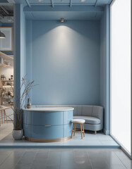 Modern blue interior with curved desk, serene ambiance, minimalist design and copy space
