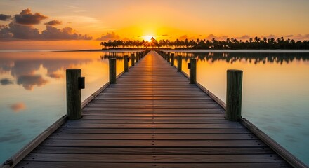 Fototapeta premium Long Wooden Pier Extending into Calm Ocean Waters at Sunset or Sunrise