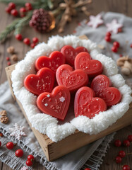 Red heart-shaped handmade soaps in a wooden box, festive arrangement, cozy atmosphere, copy space
