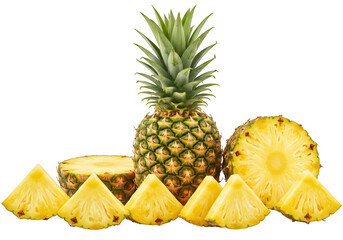 A whole pineapple with slices and wedges arranged in front of it, isolated on a transparent background