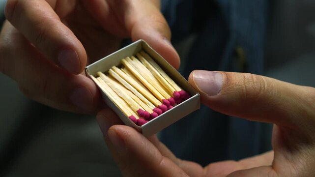 A matchbox with matches in the hands of a man in a blue shirt close-up