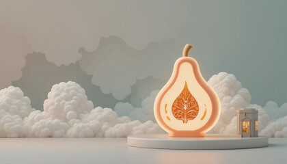 Illuminated pear-shaped lamp with leaf design beside a small shop against a cloud backdrop, modern aesthetic, copy space
