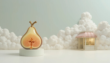 Sliced pear sculpture next to a charming shop against a cloud background, minimalist design, copy space