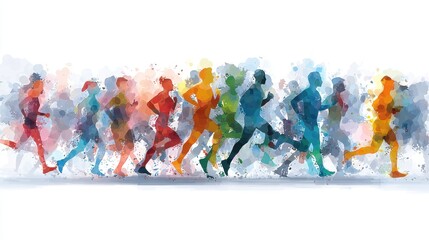 A vibrant watercolor illustration depicts a diverse group of runners in full stride, showcasing movement and energy.
