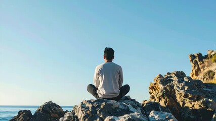 Man meditating on rocky shore by ocean under clear blue sky, embracing digital detox and peaceful nature calmness experience - Powered by Adobe