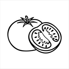 Engraved style hand drawn tomatoes and sliced tomato illustration