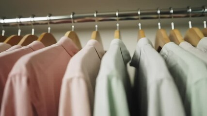 Soft pastel colored shirts hanging neatly on wooden hangers in a closet creating a clean and organized wardrobe aesthetic with a shallow depth of field