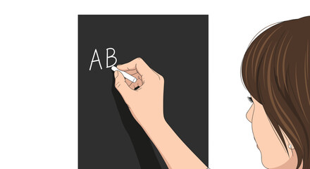 Woman writing AB on chalkboard in flat illustration style