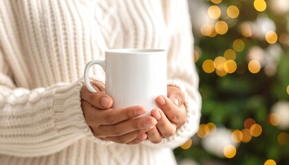 Woman holding a white mug in front of a blurred Christmas tree