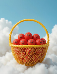 Happy red fruit-shaped figures in a yellow basket against a cloudy sky, playful arrangement, copy space
