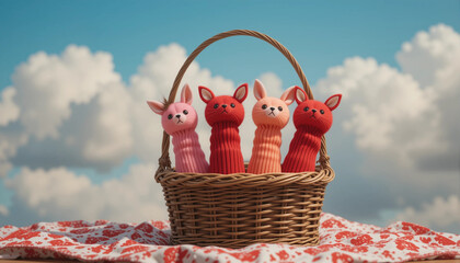 Cute rabbit-shaped figures in a wicker basket against a cloudy sky, playful arrangement, copy space
