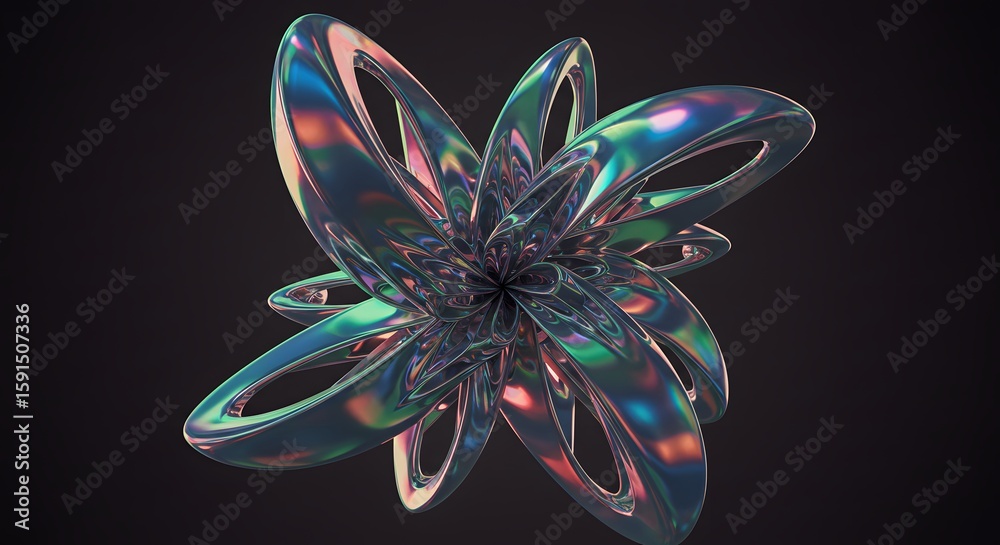 Fototapete Abstract iridescent flower-like structure with multiple loops and reflective surfaces against a dark background, creating a futuristic and artistic visual.