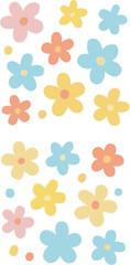 A pattern of pastel-colored cartoon flowers and dots on a white background.