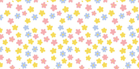A pattern of scattered pastel flowers in pink, yellow, and blue on a white background.