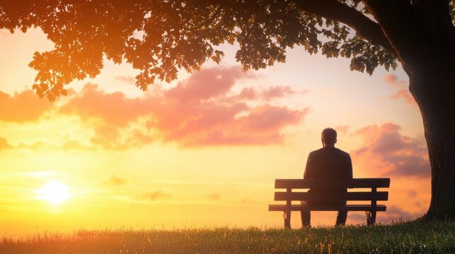 Thought Silhouette of a person sitting alone on a bench at sunset, deep in thought.