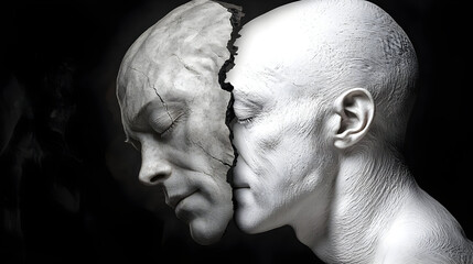 A split face, half aged, half serene,  in a grayscale, close-up portrait, evoking duality and introspection