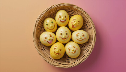 Happy face decorated eggs in a woven basket, colorful background, festive concept, copy space
