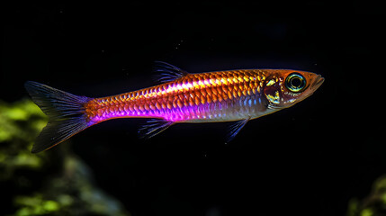 Tiny, vibrant fish with iridescent scales, side profile, against black backdrop.  Finely detailed, showing scales and eye