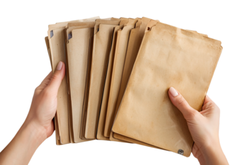 A pair of hands holds a stack of aged brown envelopes, symbolizing organization, communication, and the significance of paperwork in professional and personal settings.