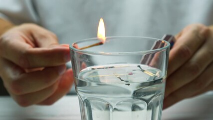 A man throws a lit match into a glass of water to put it out and prevent a fire.
A burning wooden match is in the hands of a man and a full glass of water.
Matches in a glass - Powered by Adobe