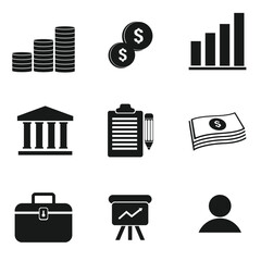 Black and White Icon Set Money Bank Vector Finance Business Credit Card Building Coin Lock Briefcase