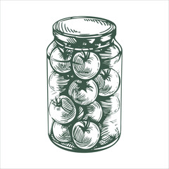 Vintage hand drawn illustration of pickled cherry tomatoes in glass jar