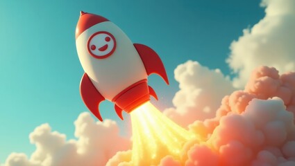 A cartoon rocket ship taking off into a vibrant sky.