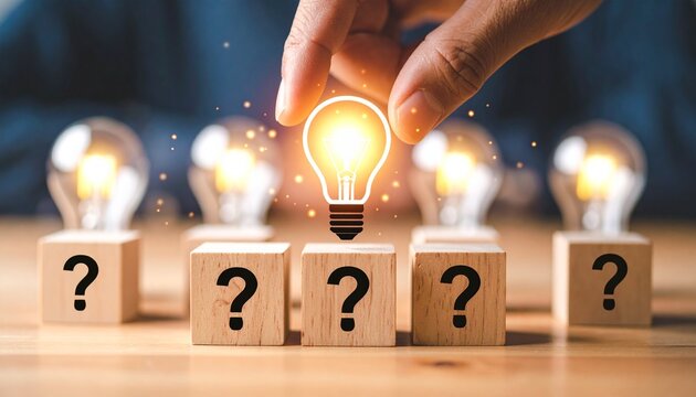 On question mark for focus and concentration of creative thinking idea Glowing light bulb inside.