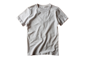 A simple, crumpled white short-sleeved t-shirt lies flat against a dark background.  Its texture and wrinkles are clearly visible